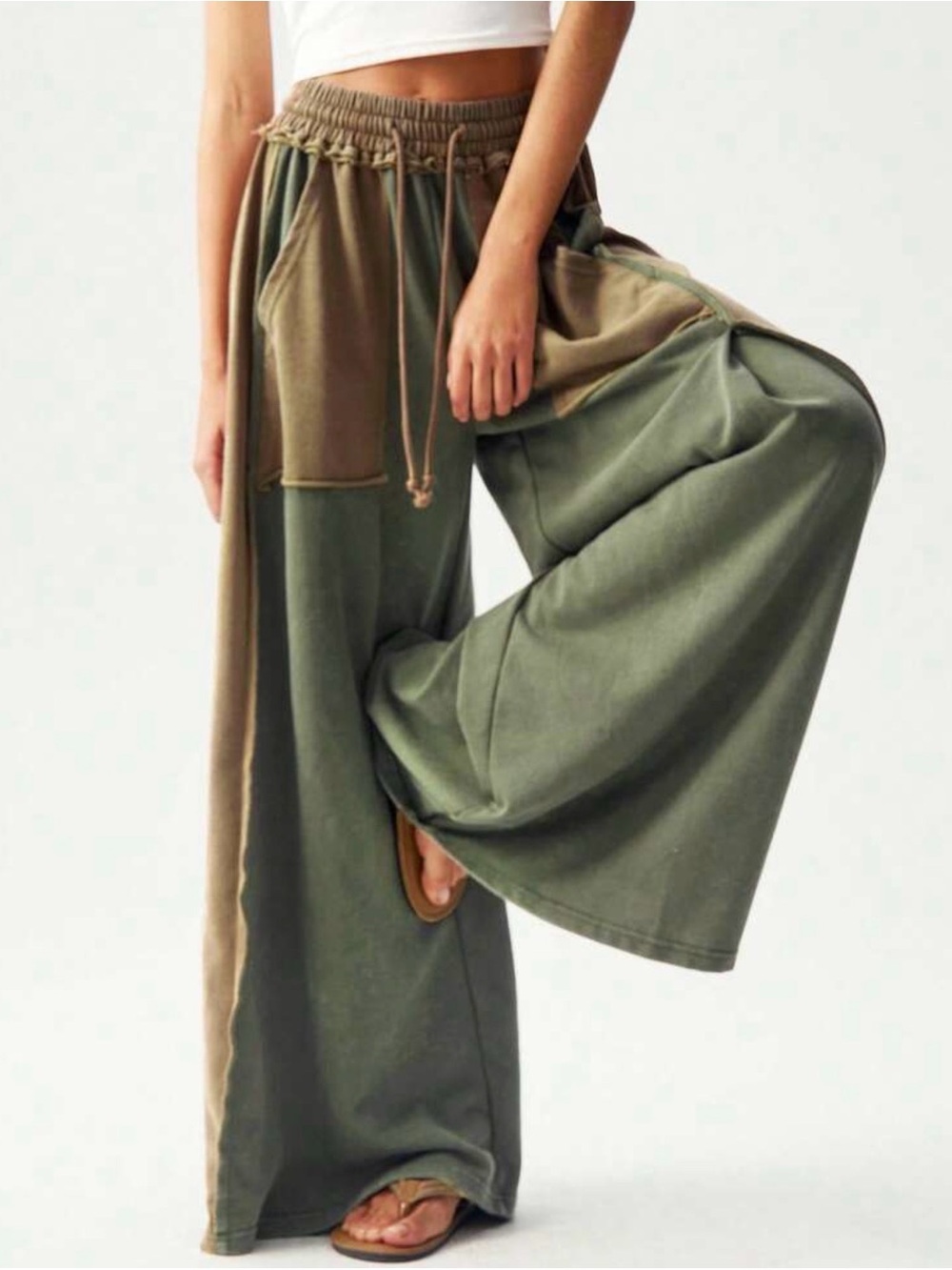 Solid Color Block Stretchy Waist Pockets Wide Leg Lounge Pants